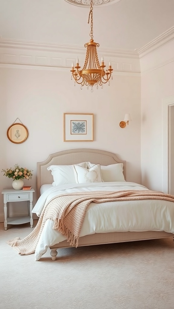 A cozy and charming bedroom featuring soft pastel colors, an elegant chandelier, and delicate decor.