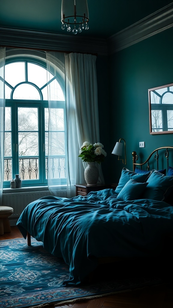 A cozy bedroom featuring deep teal walls, plush bedding, and ambient lighting.