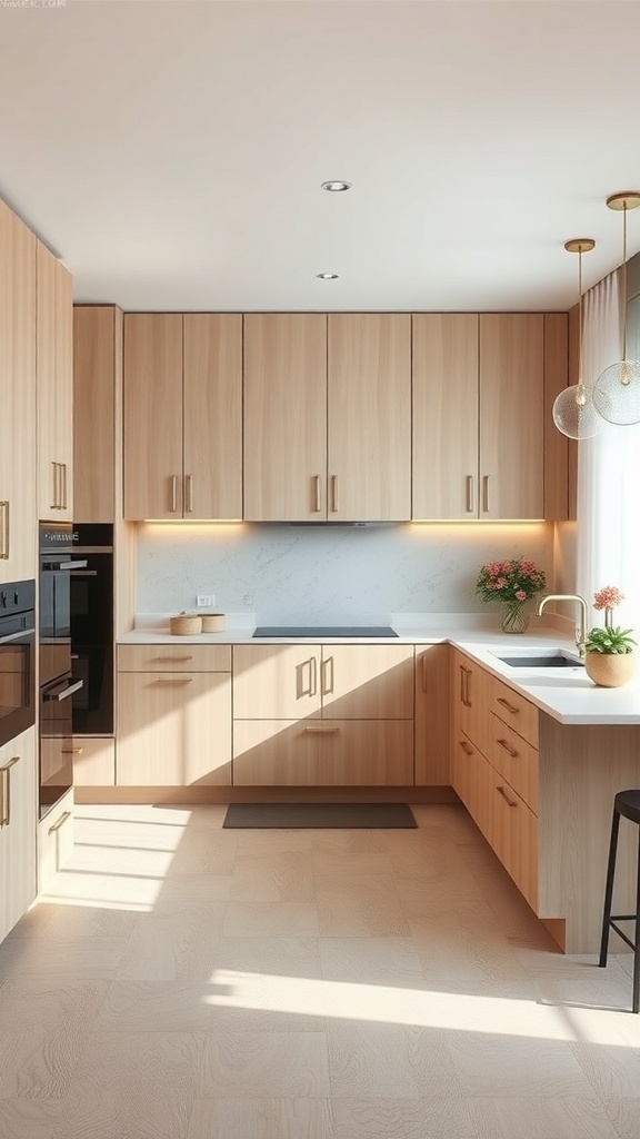 A modern kitchen featuring light-stained white oak cabinets, bright countertops, and warm metallic accents.