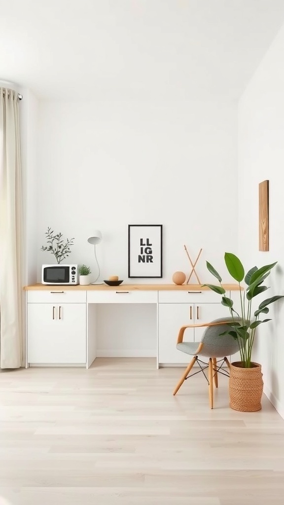 A minimalist workspace in a studio apartment featuring a desk, chair, and plants.