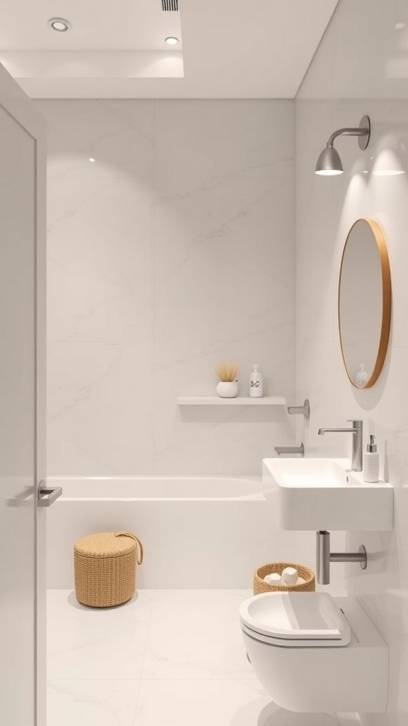 A minimalist bathroom featuring clean lines, neutral colors, and natural materials.