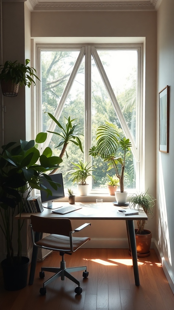 A bright workspace with a desk, computer, and plants, illuminated by natural light from large triangular windows.