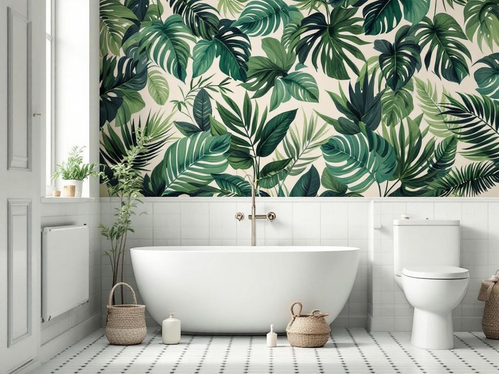 Modern tropical bathroom featuring leaf wallpaper, a floating vanity, and an archway tub.