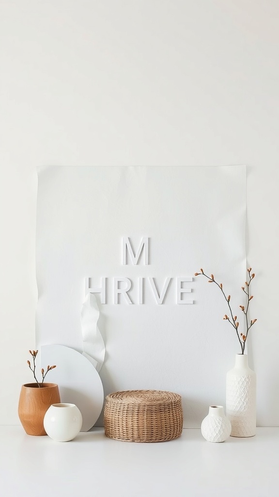 A minimalist decor setup featuring neutral vases, a woven basket, and a simple backdrop, showcasing the beauty of negative space.