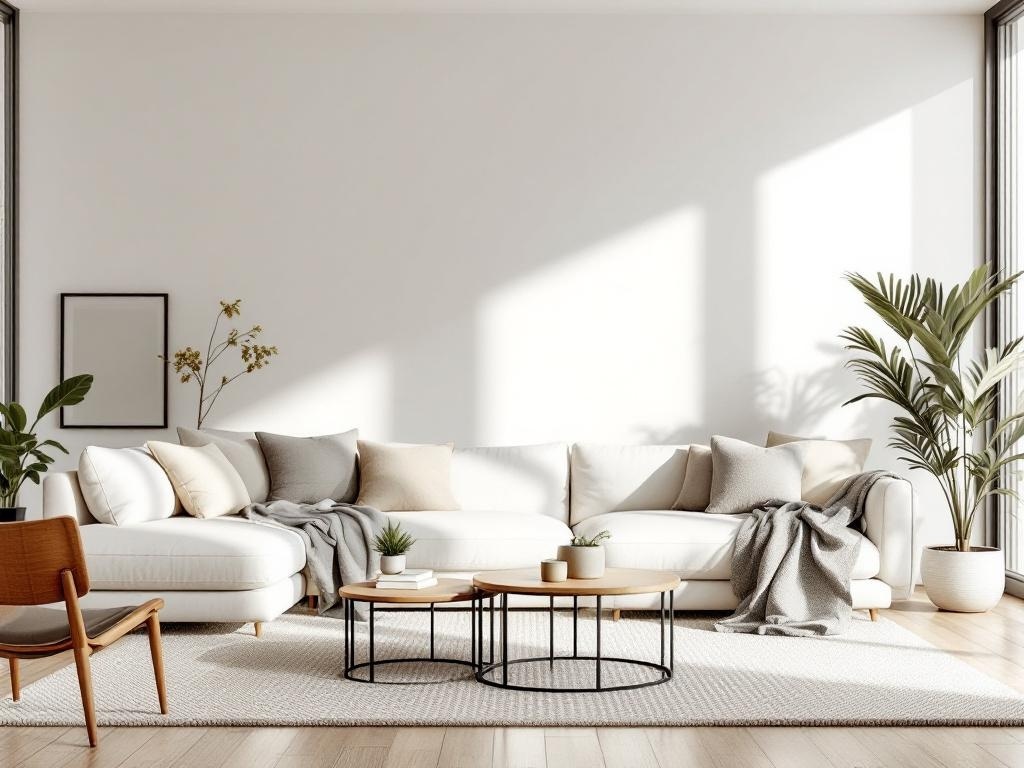 A cozy minimalist living room featuring a neutral color palette with a sectional sofa, coffee tables, and plants.
