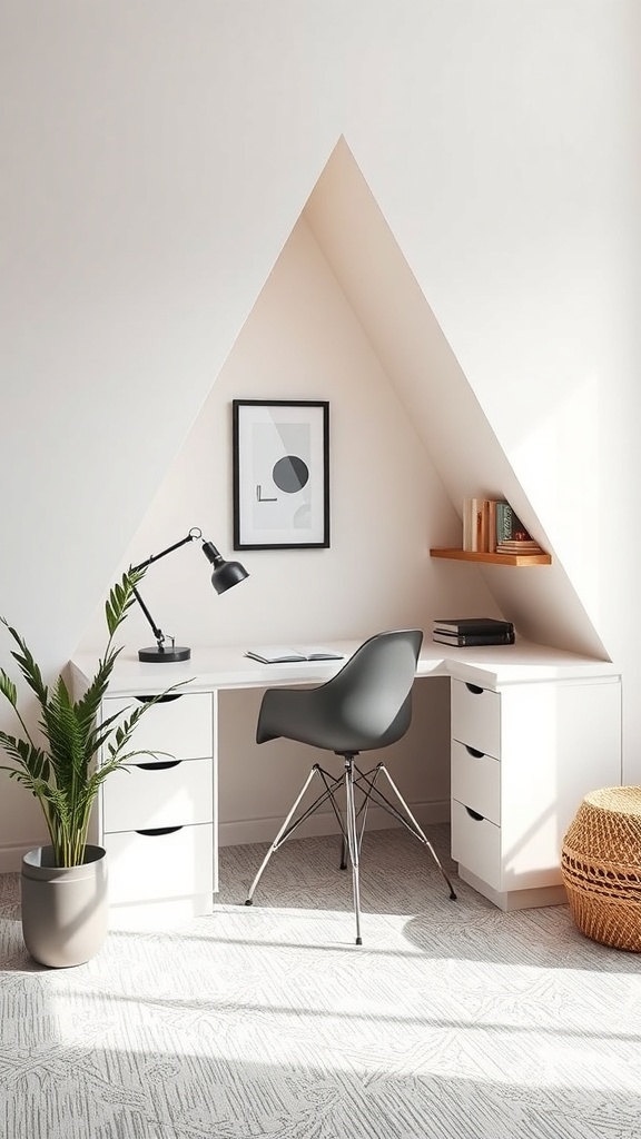 A modern triangular desk nook with neutral tones, featuring a desk, chair, and geometric shelves.