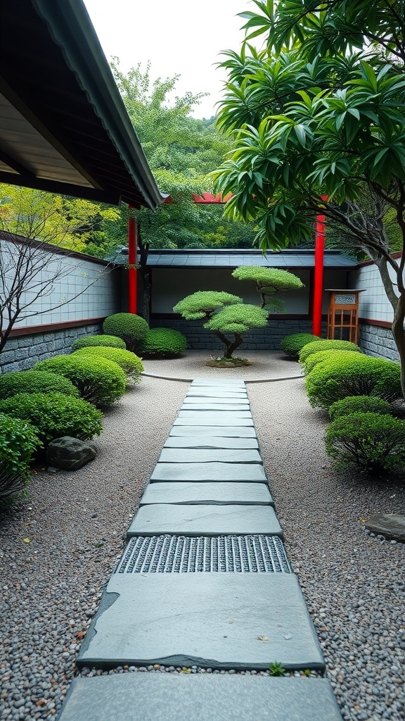 A serene Japanese garden featuring a stone pathway, trimmed shrubs, and a sculpted tree.