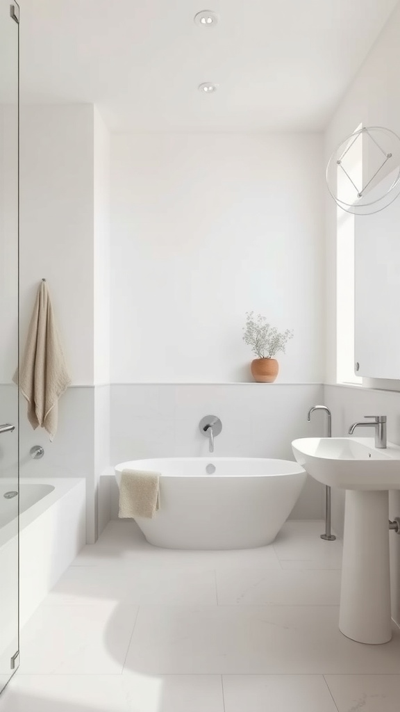 A modern minimalist bathroom featuring a floating vanity, a statement bathtub, and natural elements.