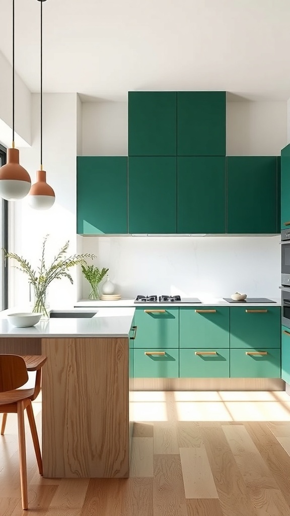 A modern kitchen featuring emerald green cabinets with light oak accents, showcasing a Scandinavian design aesthetic.