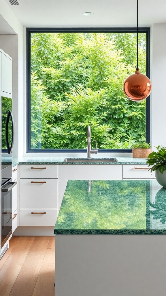 Emerald Green Mosaic recycled glass countertop in a modern kitchen with large window and greenery outside
