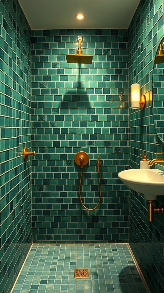 Emerald tile shower with brass fixtures
