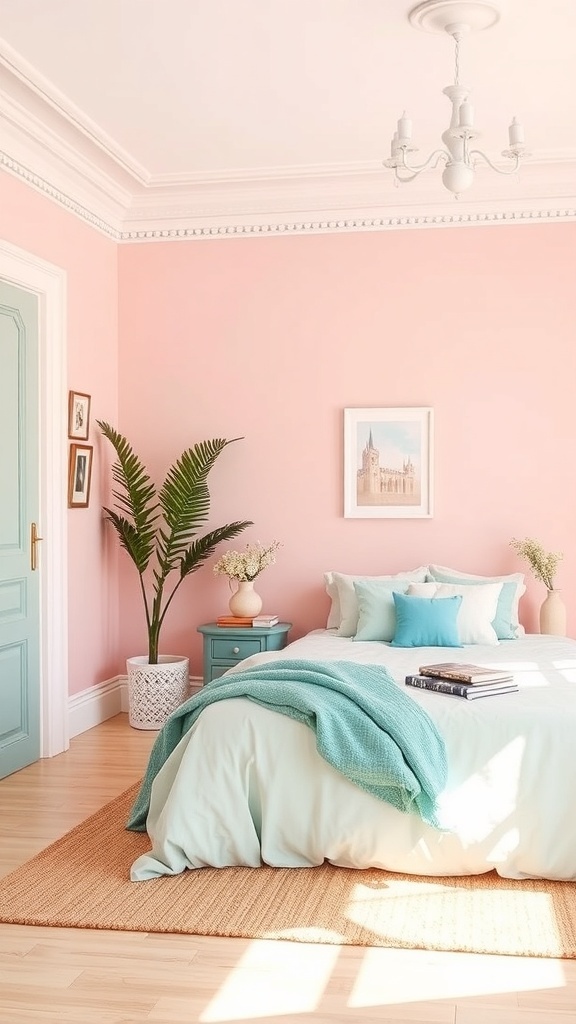 A cozy bedroom featuring soft pink walls, mint green accents, and vintage furniture.