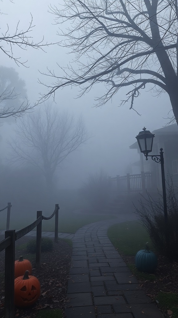 A foggy path leading to a house with pumpkins on the side.