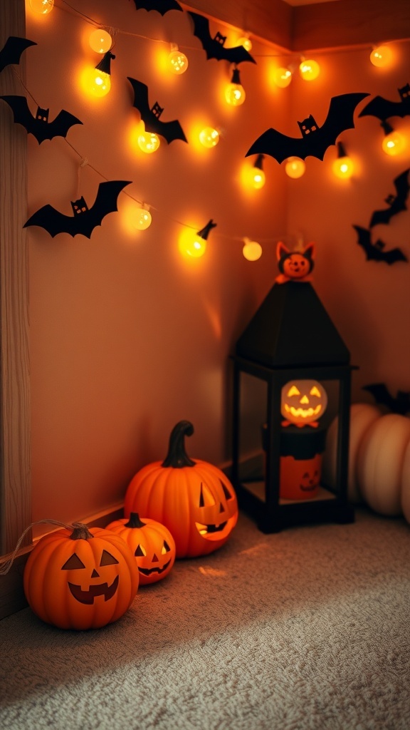 Halloween string lights with bats and glowing pumpkins