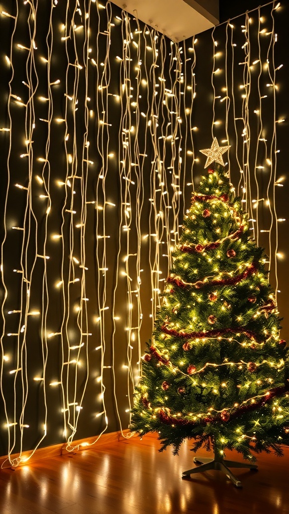 A Christmas tree in front of a wall decorated with cascading LED fairy lights.