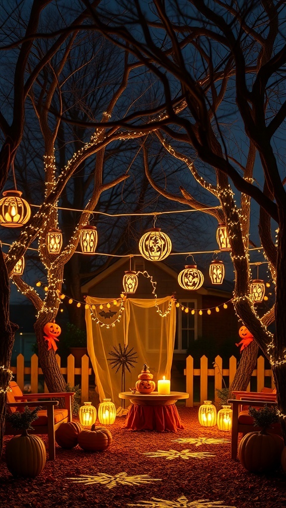 A beautifully decorated nighttime porch with glowing lanterns, pumpkins, and trees adorned with lights.