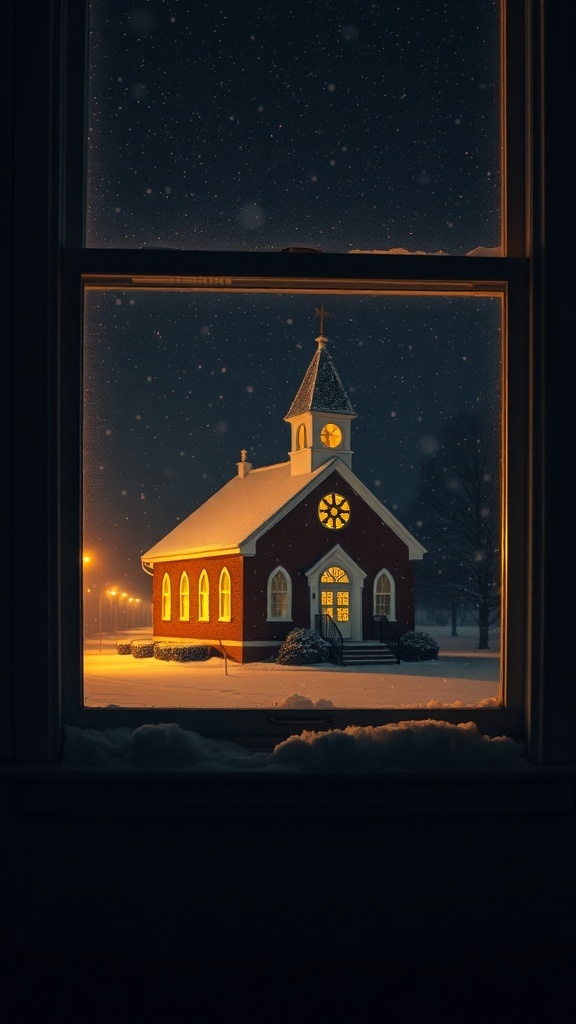 A snowy church scene viewed from a window, with snow falling outside and warm light glowing from the church.