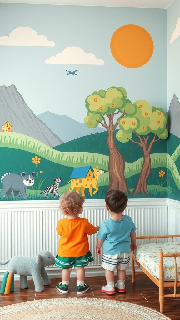 Two children looking at a colorful mural featuring animals and nature in a bright bedroom.
