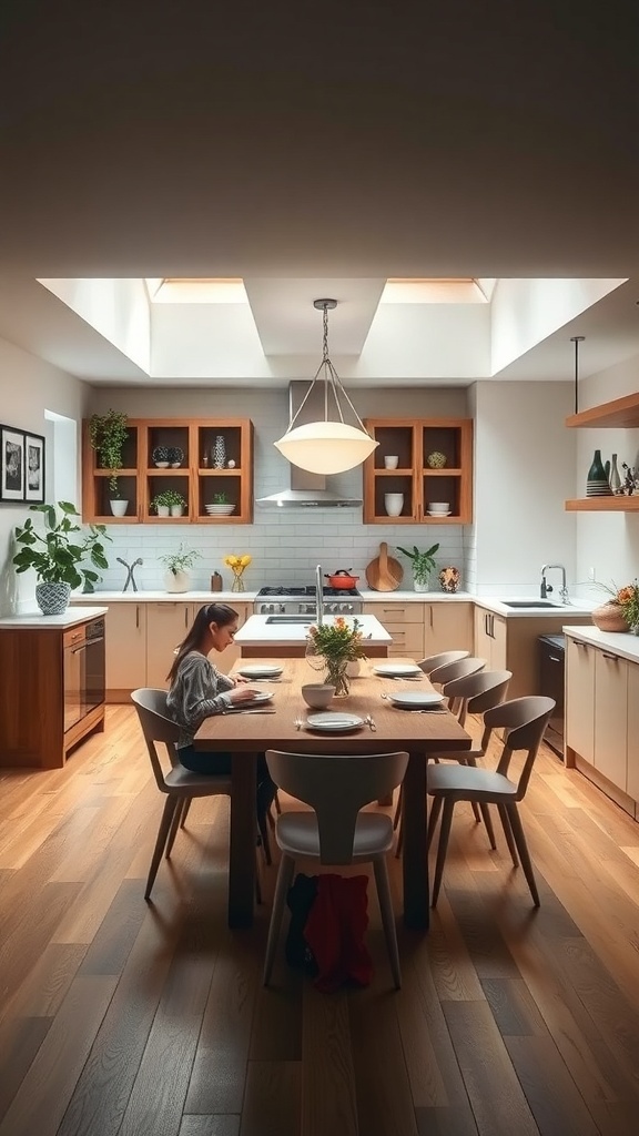 A modern kitchen-dining area with a wooden table, soft chairs, and natural light from skylights.