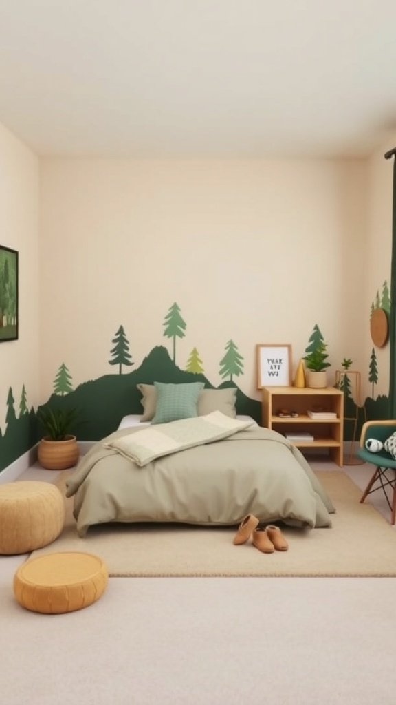 A cozy boys room featuring neutral walls with green tree accents, a simple bed, and natural decor.