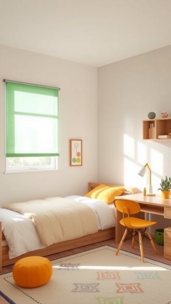A bright and cheerful boys room featuring neutral walls with colorful accents.