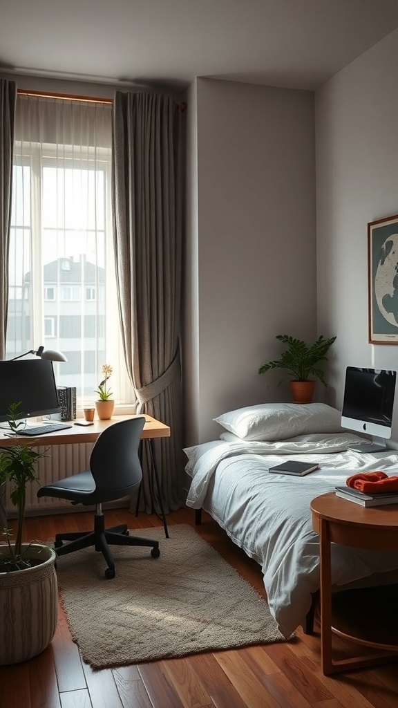 A cozy bedroom with a queen bed and a functional workspace featuring a desk, computer, and plants.