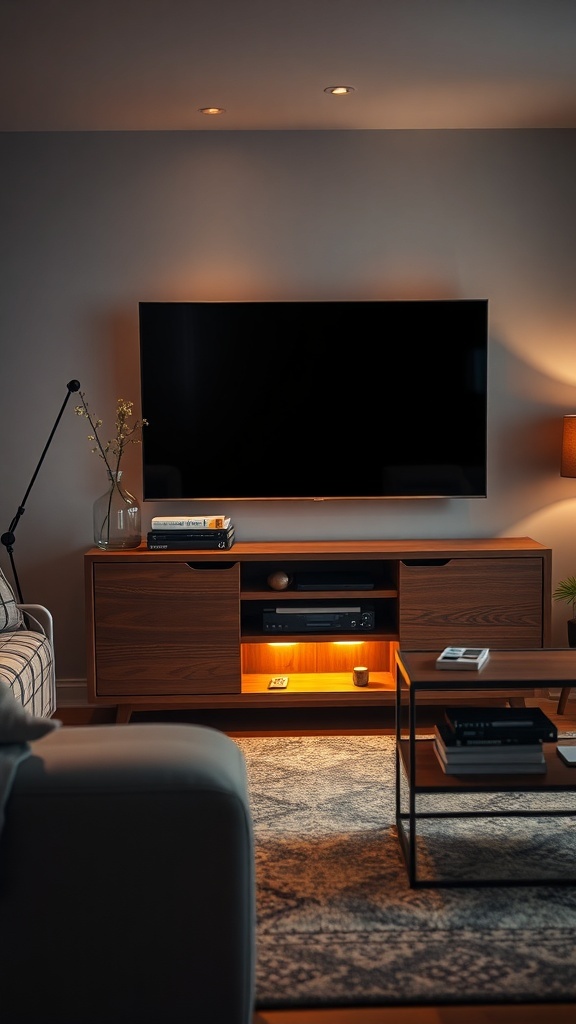 A modern walnut TV stand with warm lighting underneath, showcasing a cozy living room setup.