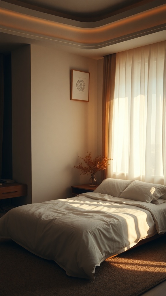A cozy bedroom with soft lighting, featuring sheer curtains and warm ceiling lights.