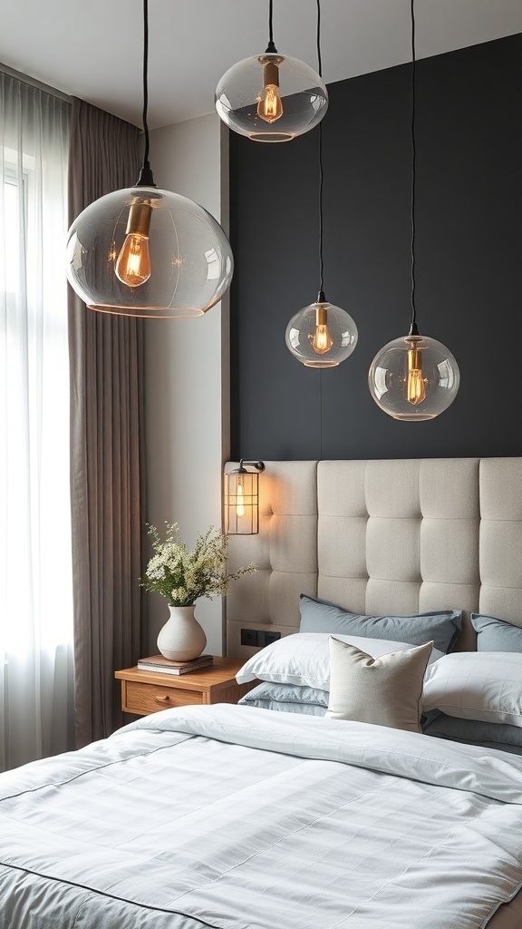 Modern bedroom with glass pendant lights and a tufted headboard