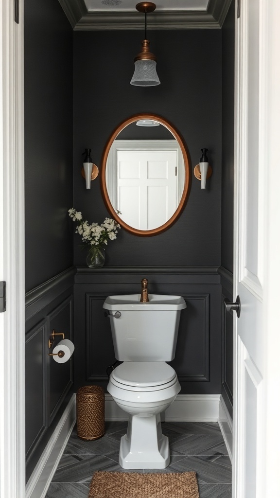 A moody powder room featuring dark wall panelling, a round mirror, and stylish fixtures.