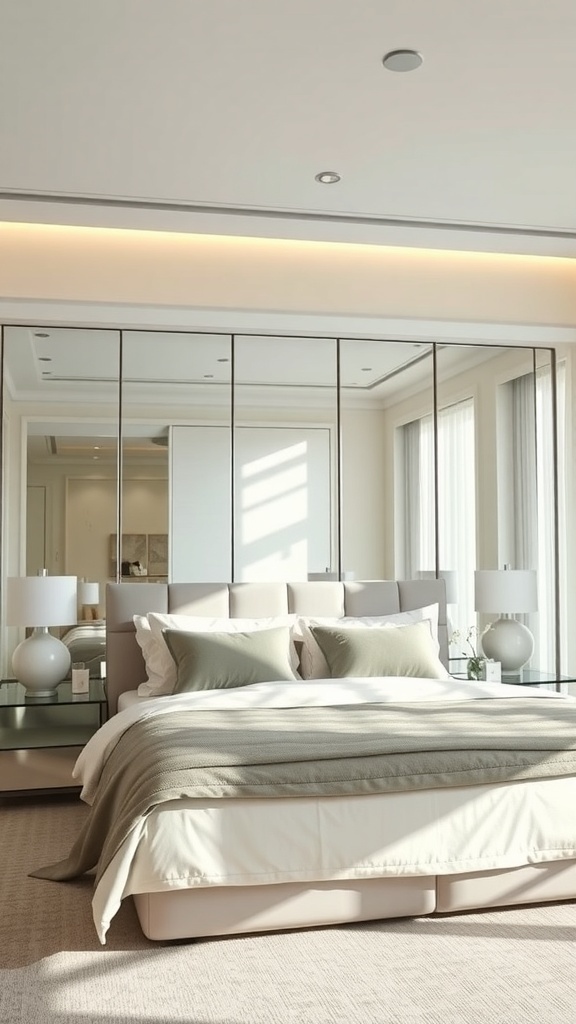A luxurious bedroom featuring a mirrored headboard wall, soft bedding, and elegant decor.