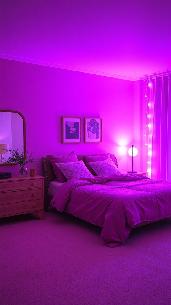 A cozy mauve bedroom with soft lighting effects.