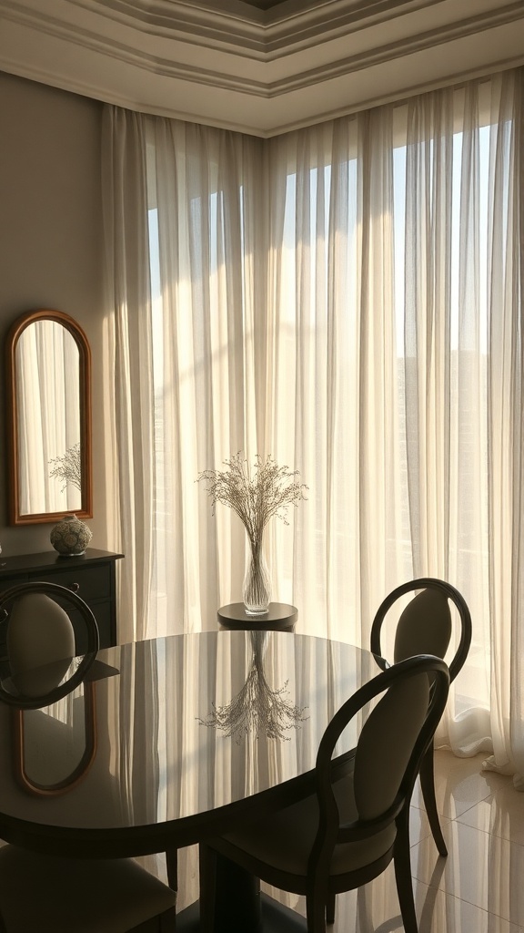 A dining room with a round table, chairs, a mirror, and sheer curtains letting in natural light.