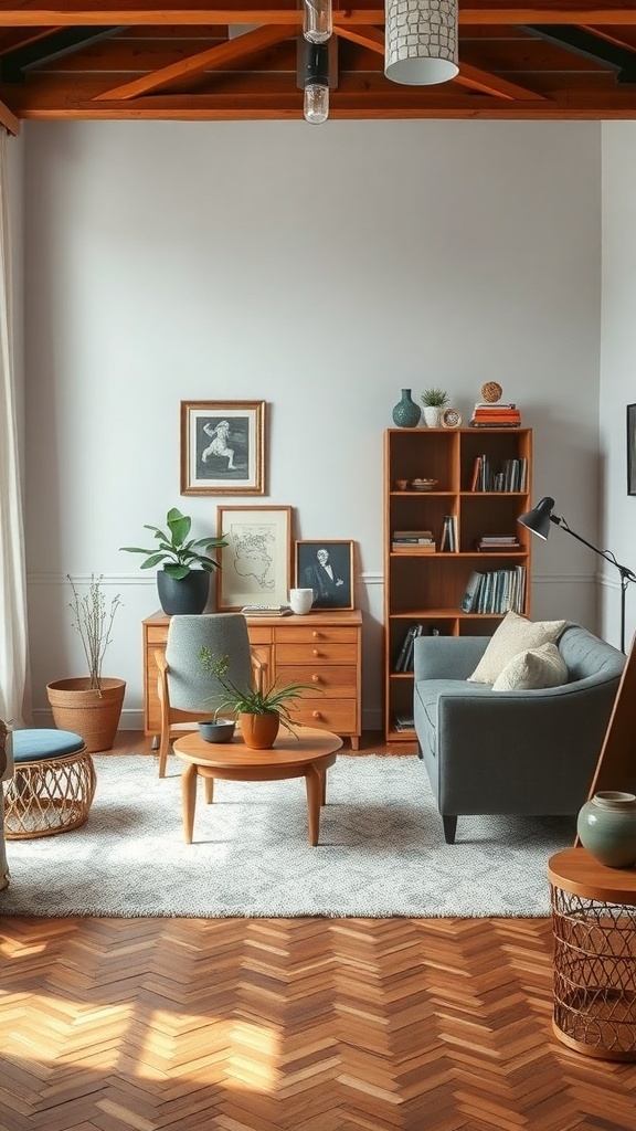 A cozy living room with a sofa, coffee table, plants, and bookshelves, showcasing intentional furniture placement.
