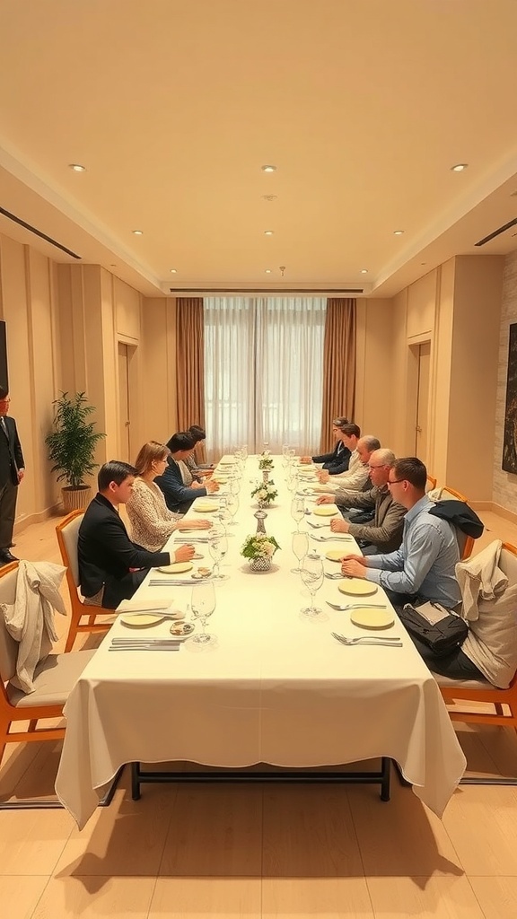 A long dining table set for a gathering with guests seated, showcasing a comfortable and spacious arrangement.
