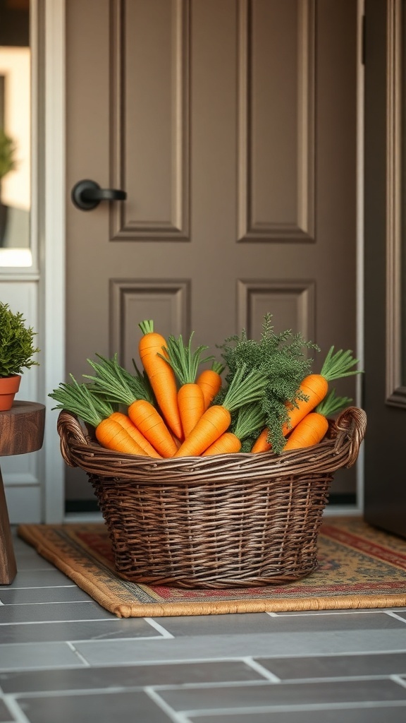A woven basket filled with wooden carrots placed by a front door.