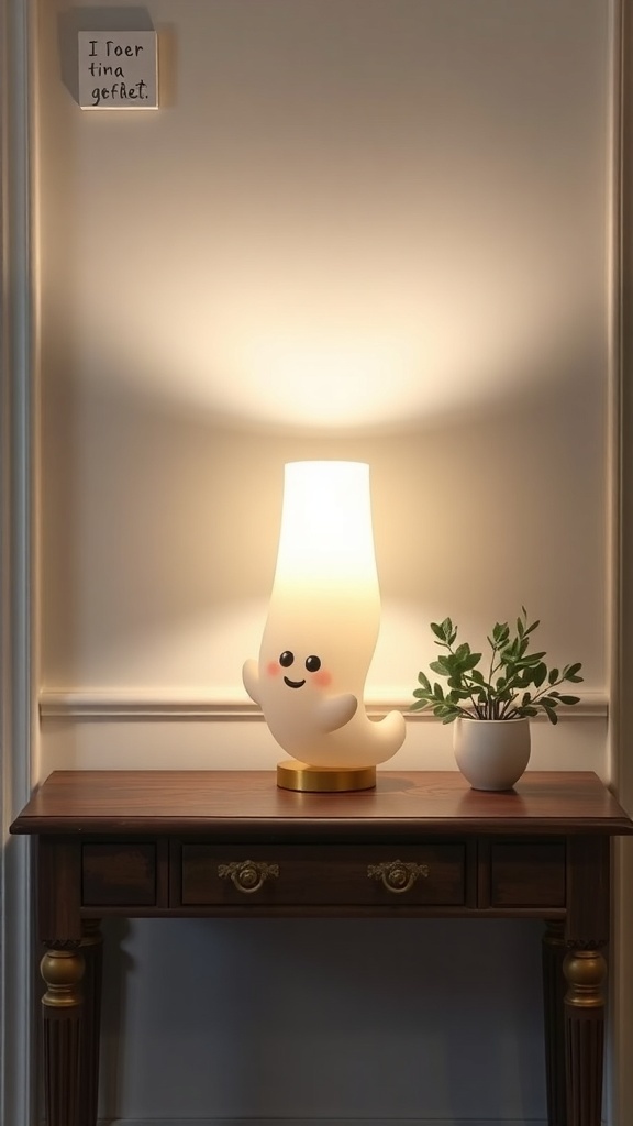 A ghost reading book lamp on a wooden console table, with a small plant and a note on the wall.