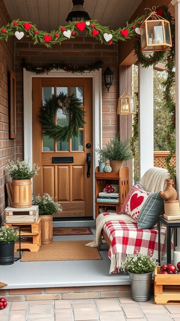 A cozy farmhouse porch decorated for Valentine's Day with heart garland, potted plants, and a checkered blanket.
