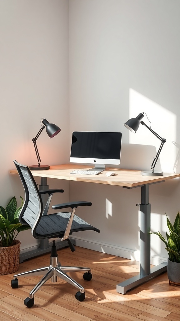 A modern ergonomic corner desk setup with an adjustable desk, a comfortable chair, and stylish desk lamps.