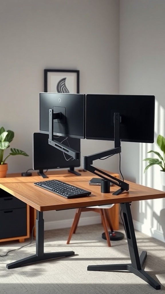 An ergonomic dual monitor stand with two monitors on a wooden desk, showcasing a modern home office setup.