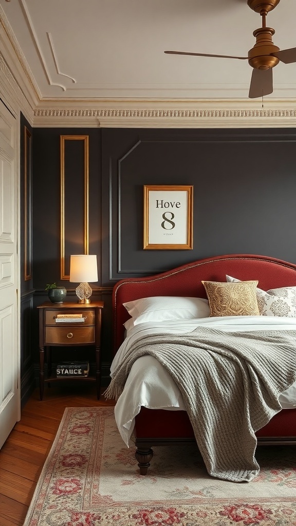 A cozy bedroom featuring espresso walls with brass trim details, a plush bed, and warm wooden accents.