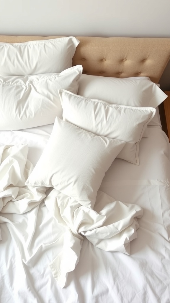 A neatly arranged bed with white pillows and wrinkled white sheets.