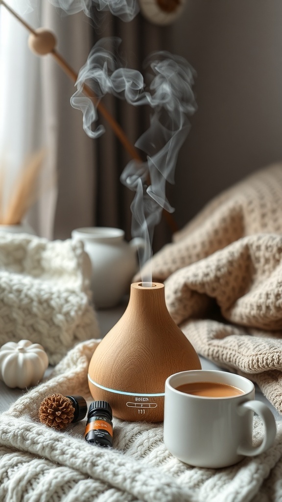 A cozy bedroom setup with a diffuser releasing steam, essential oils, a cup of tea, and a knitted blanket.
