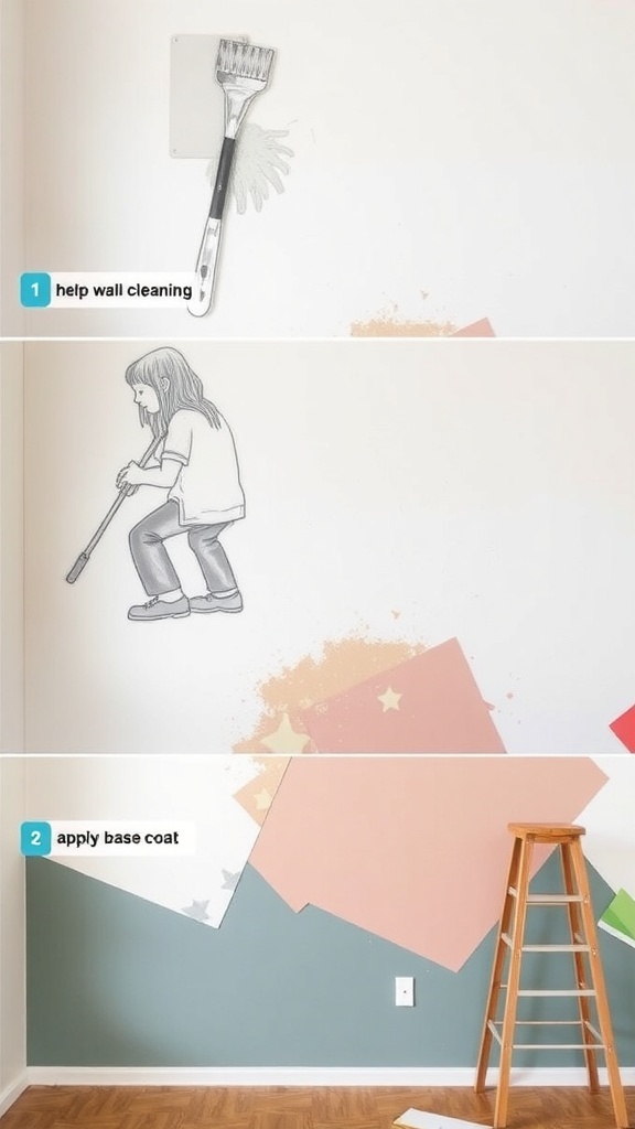 Before and after wall mural preparation showing a clean wall ready for painting.