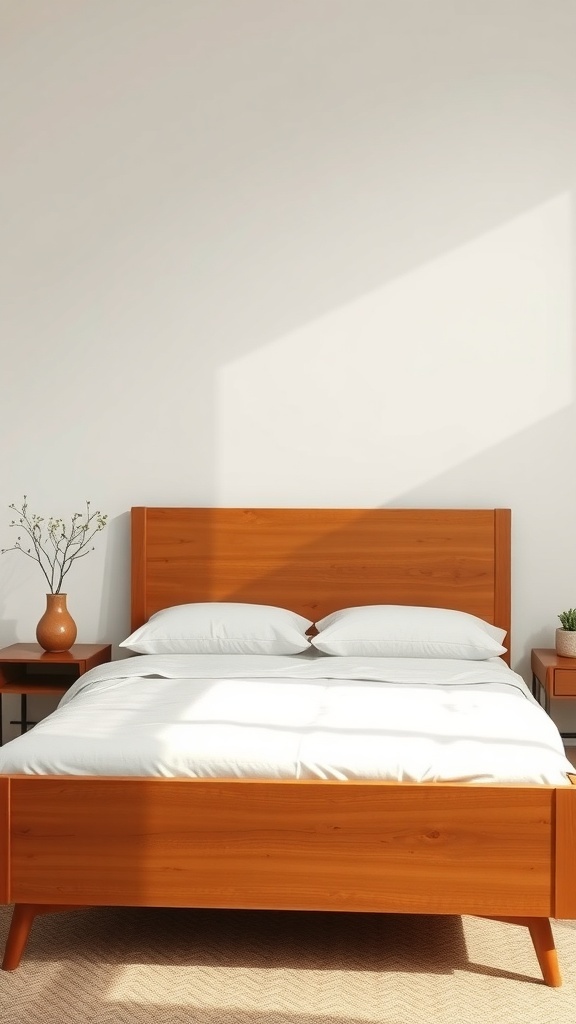A wooden vintage bed frame with a simple design, complemented by white bedding and minimal decor.