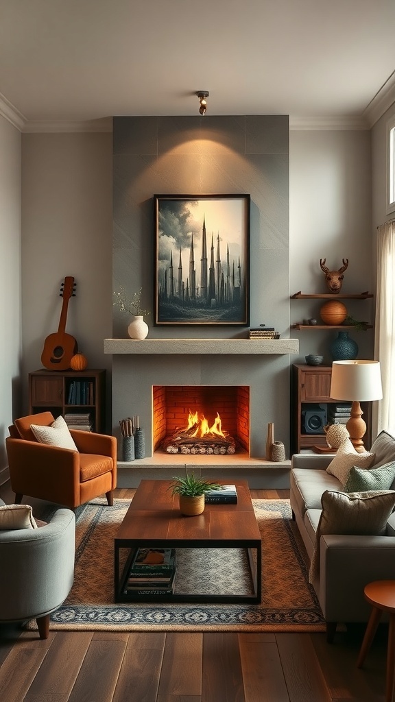 A cozy living room featuring a fireplace, artwork, and comfortable seating.