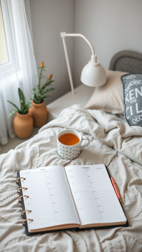 A cozy bedroom workspace with a planner, a cup of tea, and plants on a bedside table.