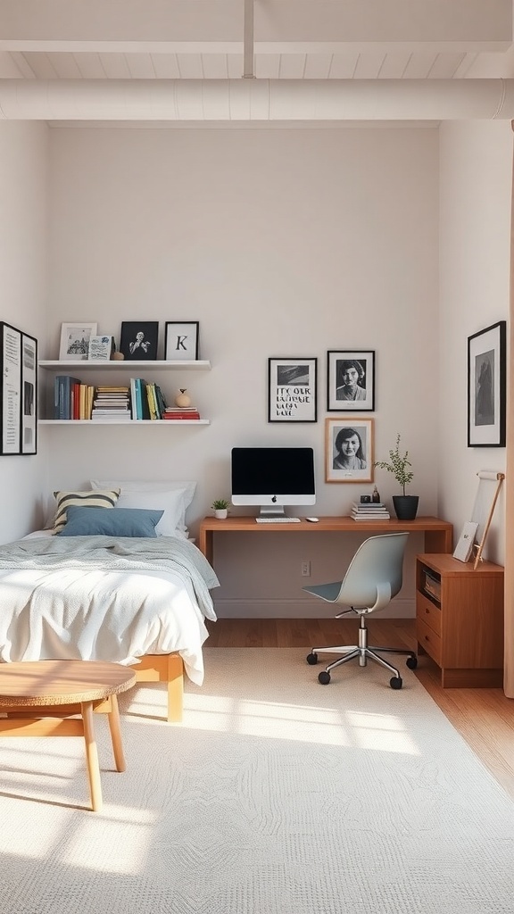 A cozy bedroom with a queen bed and a functional office setup, featuring a desk, computer, and decorative elements.