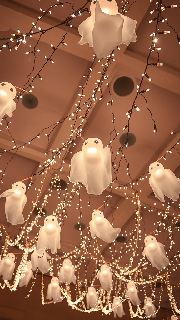 Ethereal ghost silhouettes hanging with twinkling lights.