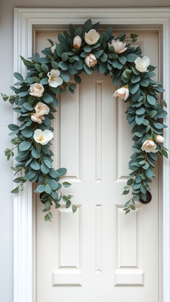 Eucalyptus and magnolia leaf garland hanging on a door